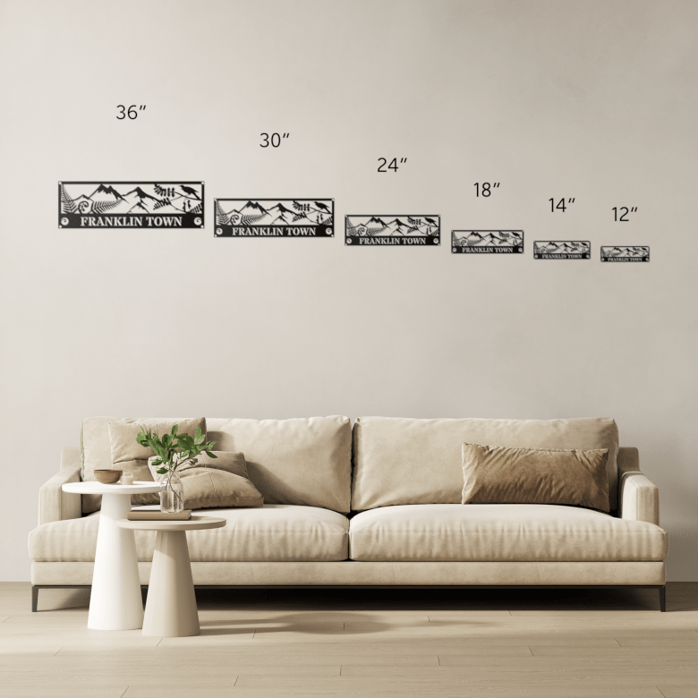 Visual comparison of Aotearoa metal wall art in various sizes from 12" to 36", showing scale and versatility