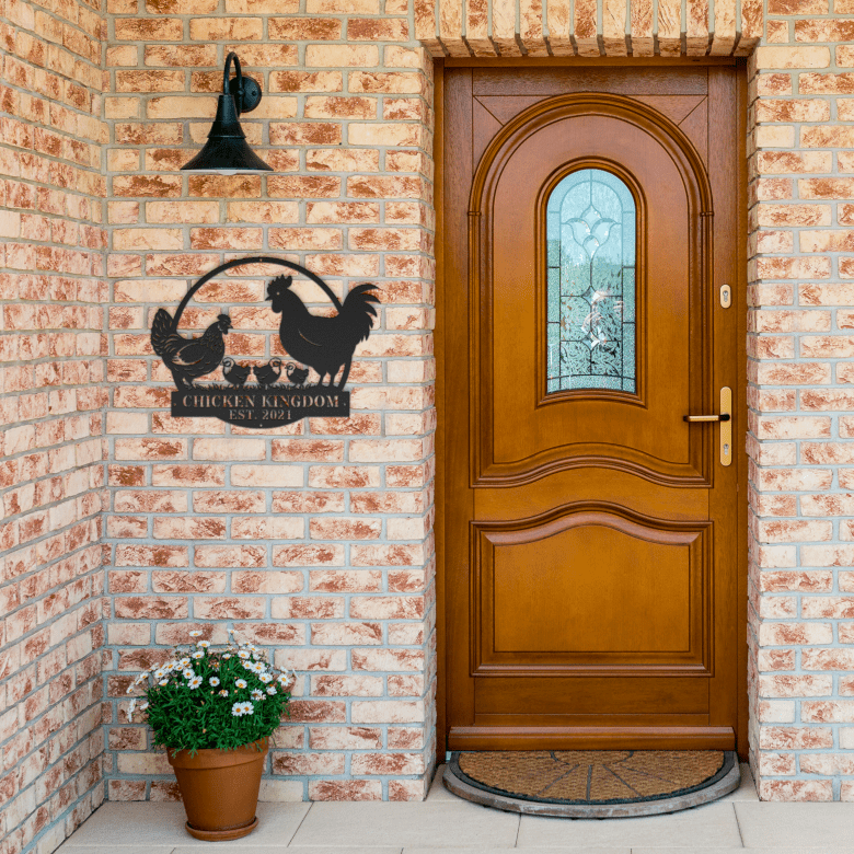 Custom chicken coop sign with black finish mounted on a brick wall – welcoming backyard flock with bold farmhouse appeal