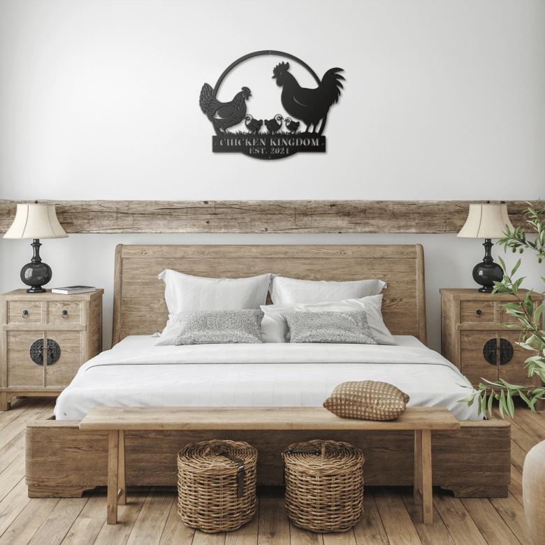 Chicken Kingdom metal sign in black finish showcased in a farmhouse bedroom – cozy homestead-inspired decor