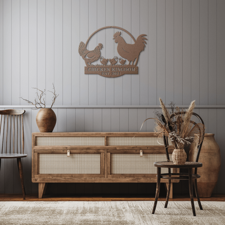 Personalized copper chicken coop sign in a rustic hallway – stylish touch for country-style entryways