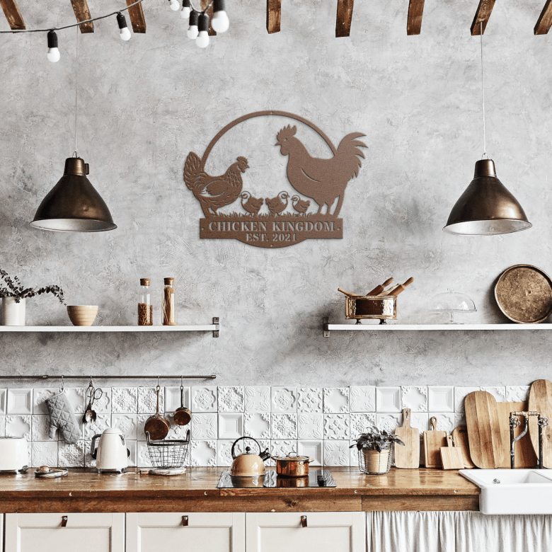 Copper-finished chicken coop metal sign enhances a rustic kitchen – perfect personalized farmhouse wall art