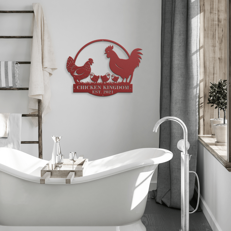 Rustic red chicken coop sign displayed in a modern bathroom – farmhouse charm meets contemporary style