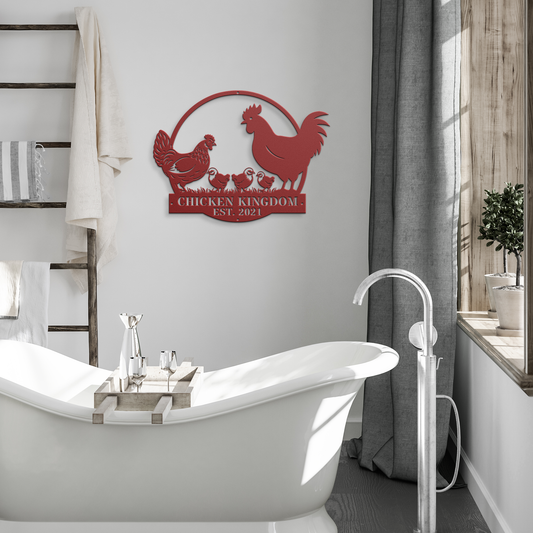 Rustic red chicken coop sign displayed in a modern bathroom – farmhouse charm meets contemporary style
