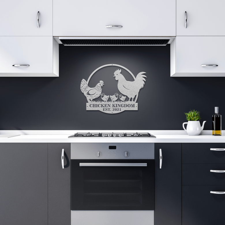 Sleek silver chicken coop metal sign displayed in a moody modern kitchen – elegant twist on barnyard decor.