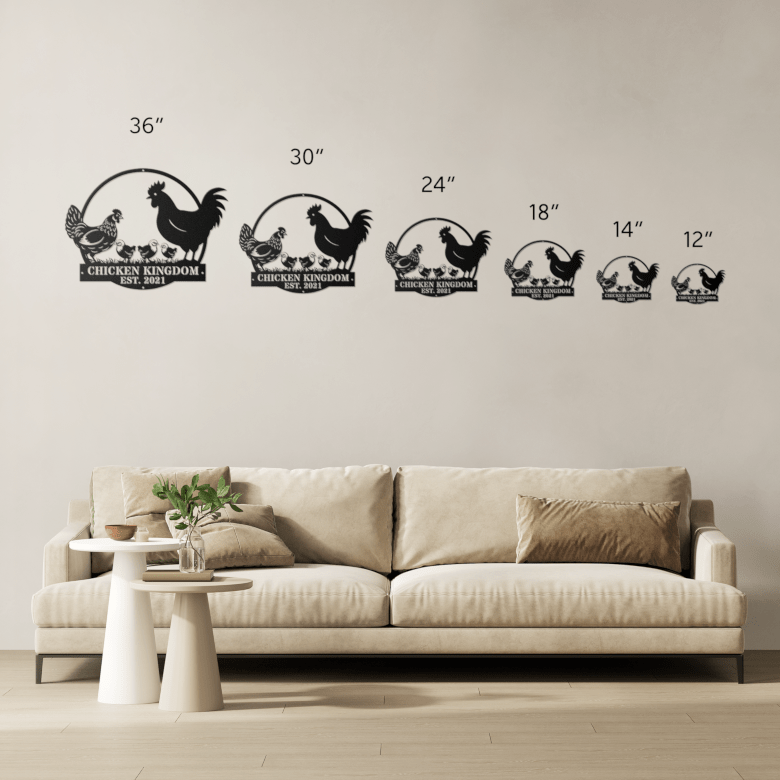 Multiple size options for Chicken Kingdom coop sign – scale your farm decor from small coops to large barnyard gates.