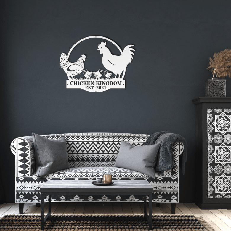 White chicken coop metal sign adds rustic flair to a dark-toned living room – ideal for chicken lovers and homesteaders