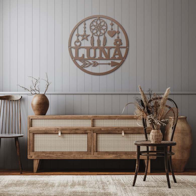 Dreamcatcher_Name_Metal_Sign_Copper_Rustic_Hallway_Mockup.png