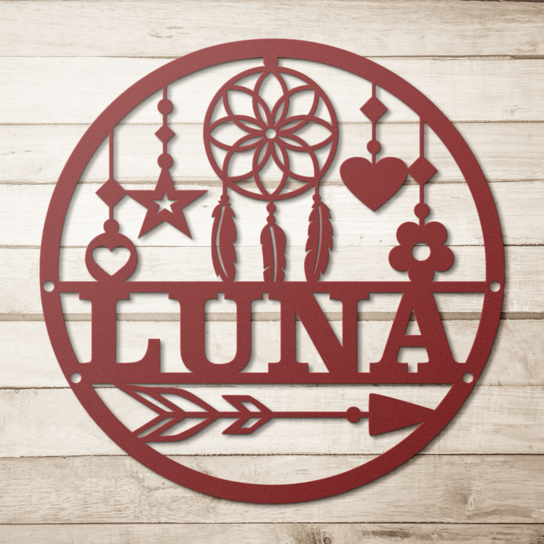 Dreamcatcher_Name_Metal_Sign_Red_Simple_Wood_BKGD_Mockup.png