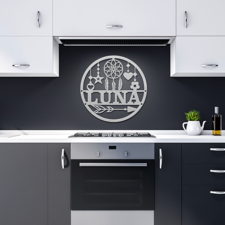 Dreamcatcher_Name_Metal_Sign_Silver_Dark_Kitchen_Mockup.png