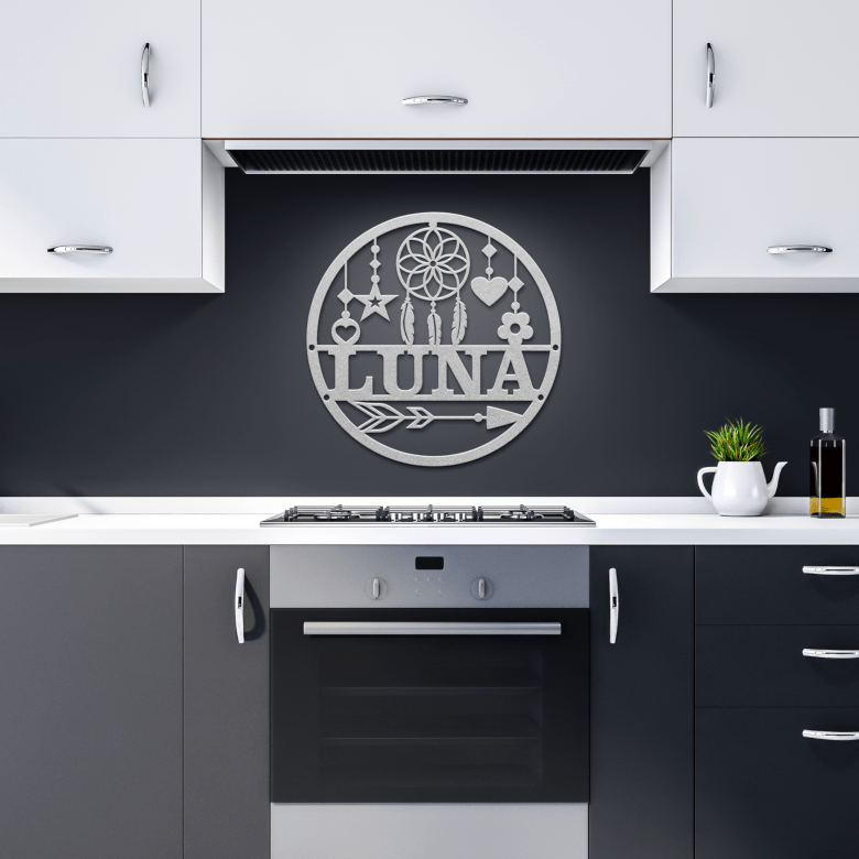 Dreamcatcher_Name_Metal_Sign_Silver_Dark_Kitchen_Mockup.png
