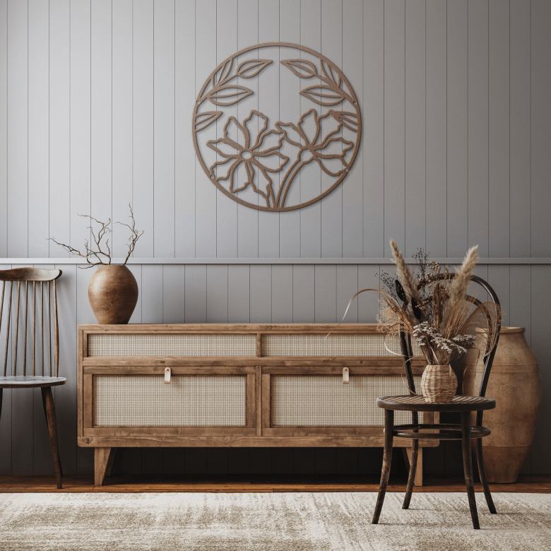 Copper full moon floral metal wall art in rustic hallway, symbolizing harmony and natural renewal