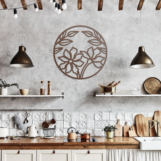 Warm copper full moon and floral steel wall decor displayed in cozy rustic kitchen setting