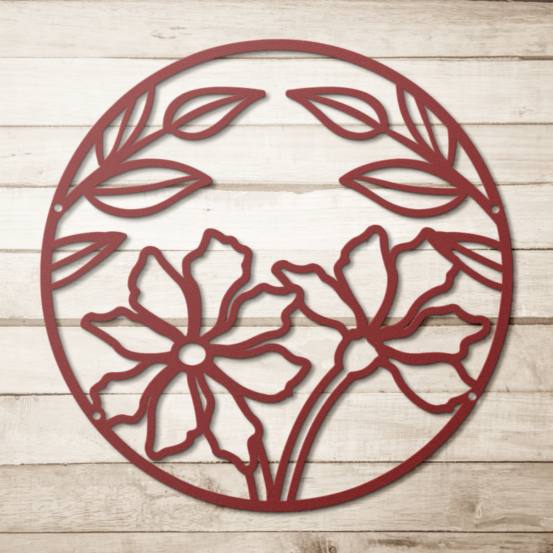 Minimalist red floral moon metal art displayed on wood background for boho room styling