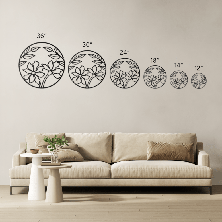 Full moon floral metal wall art size options from 12 to 36 inches for meditation, garden, or bedroom
