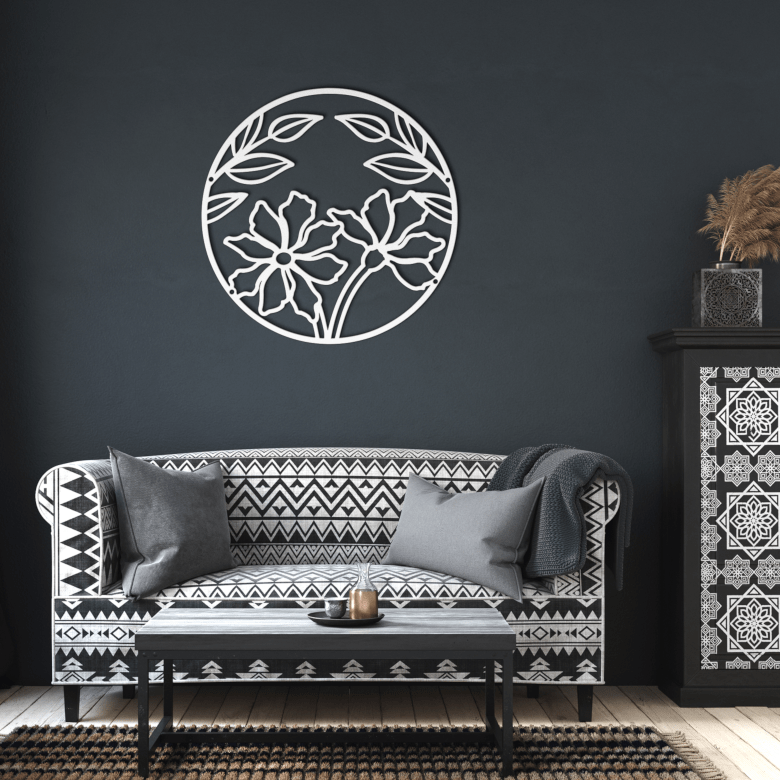 White full moon floral steel wall art in dark living room, adding purity and tranquility