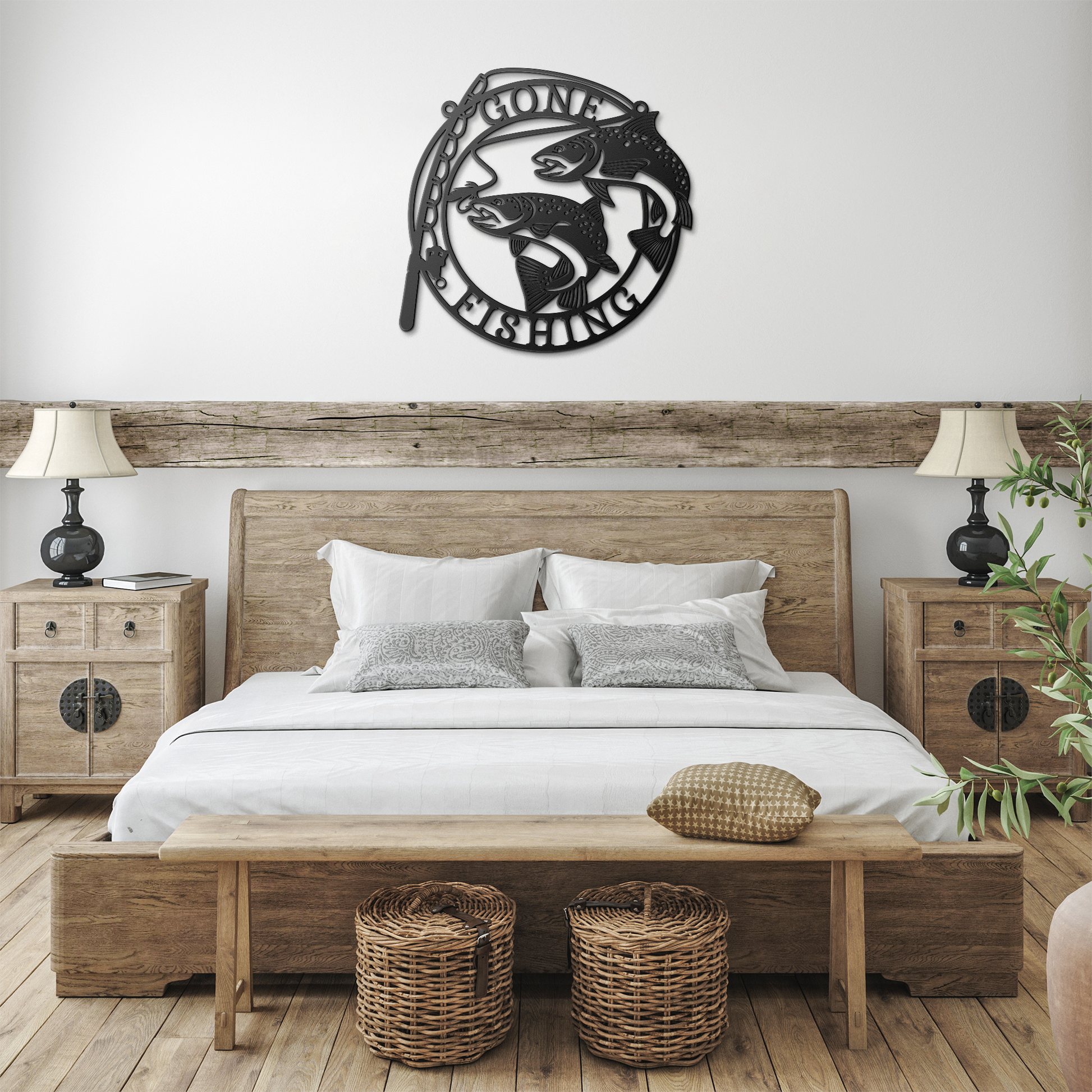 Gone Fishing' personalized metal sign in black farmhouse bedroom – unique fishing-themed bedroom decor