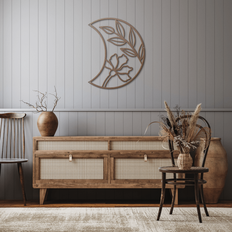 Copper Half Moon Floral Metal Wall Art glowing in a rustic hallway — reflecting organic flow and earthy sophistication in narrow transitional spaces.
