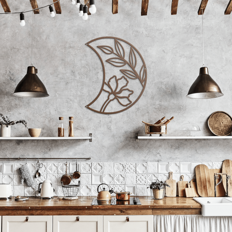 Copper Half Moon Floral Metal Wall Art in a rustic-style kitchen — infusing warmth, natural textures, and celestial inspiration into everyday cooking spaces.
