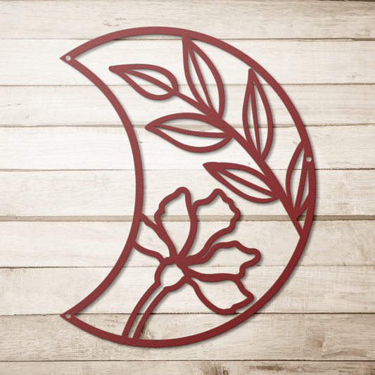 Red Half Moon Floral Metal Wall Art displayed against a light wood background — highlighting the minimalist elegance of lunar-inspired floral decor.