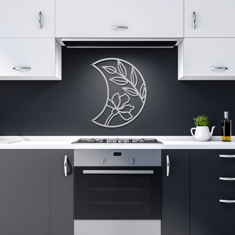 Silver Half Moon Floral Metal Wall Art on a dark-toned kitchen wall — radiating intuitive elegance and biophilic charm in a moody culinary space.