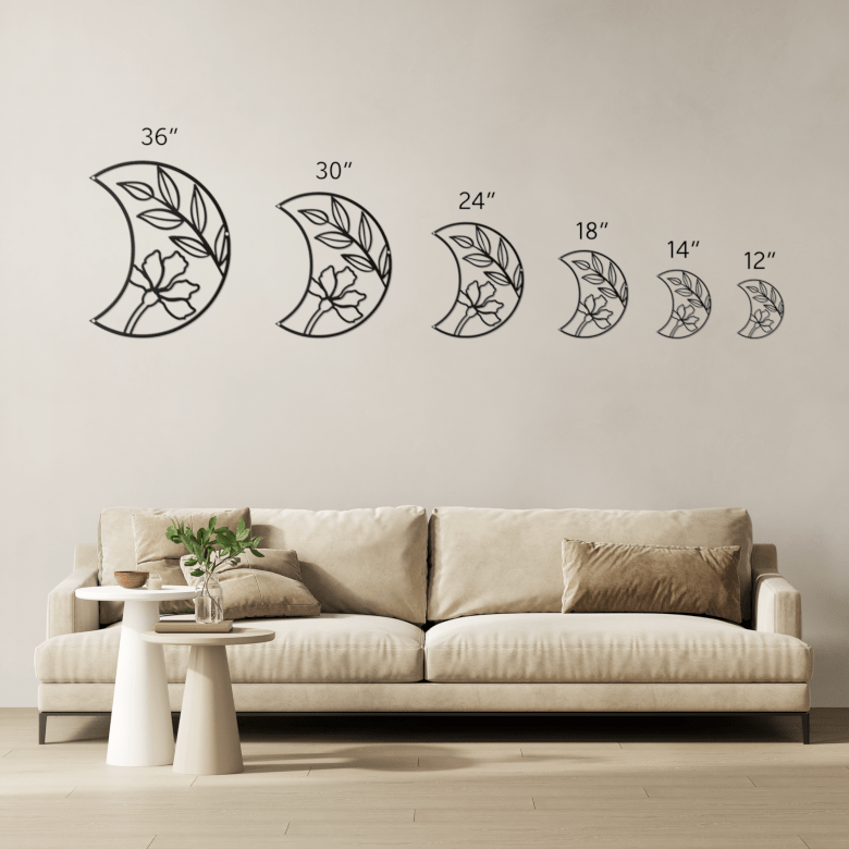 Size comparison chart of Half Moon Floral Metal Wall Art ranging from 12 to 36 inches — guiding ideal placement for bedroom, therapy, and garden settings.