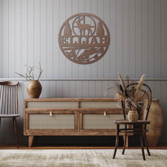 A copper-finished personalized hunting and fishing sign, with the name 'Robert,' hanging on a rustic wood-paneled wall in a hallway.