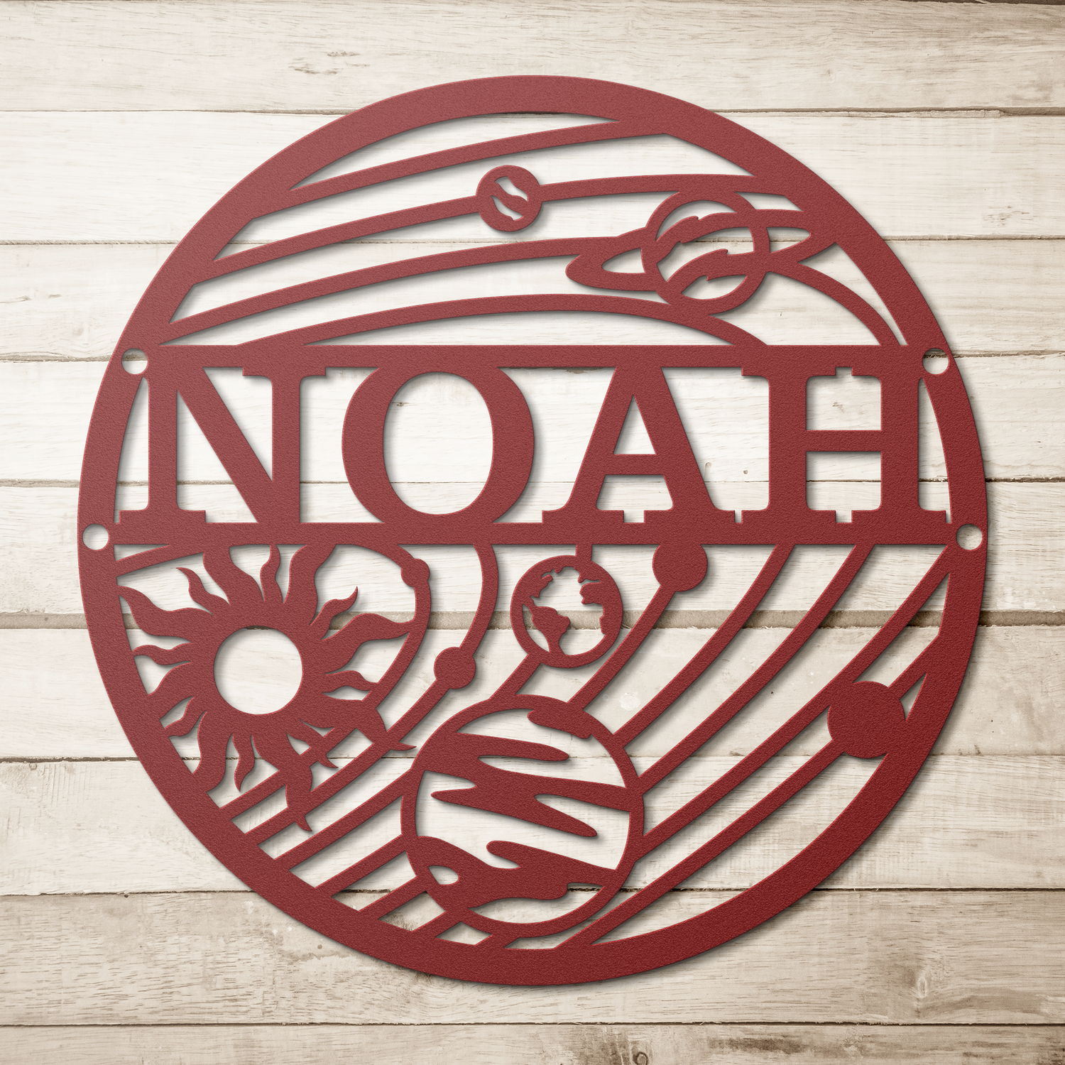 Personalized red space wall decor for children on natural wood background – playful and bold design
