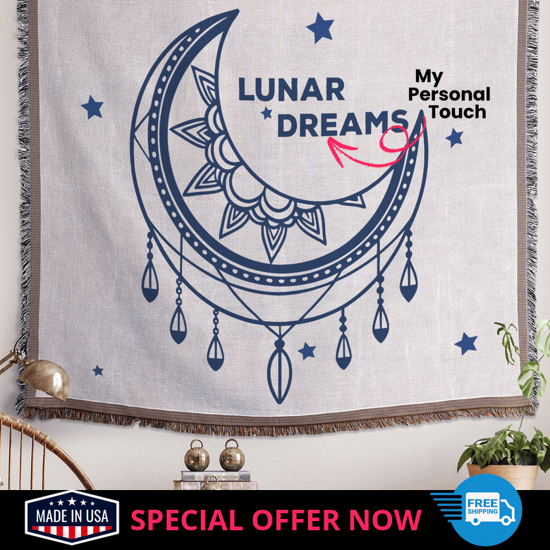 Celestial Mystical Moon Woven Blanket used as hanging tapestry with lunar and star design, cosmic boho wall art.