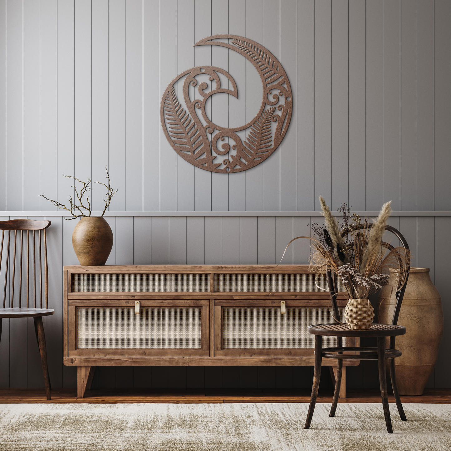 Copper Koru metal wall art mounted in a cozy rustic hallway
