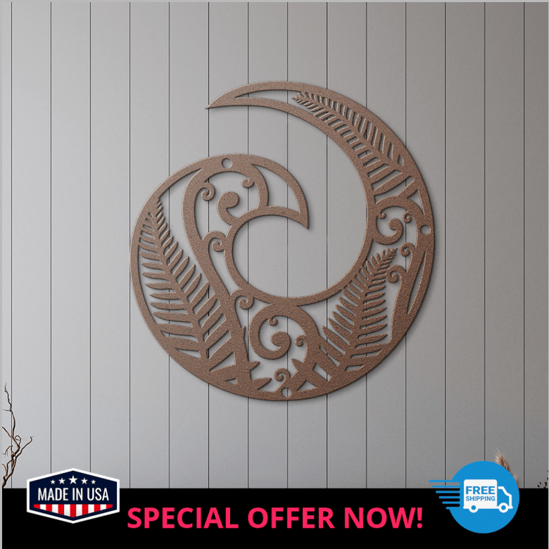 Rustic hall featuring copper Koru spiral wall art on wood background