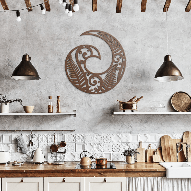 Copper Koru symbol wall art in rustic farmhouse kitchen setting