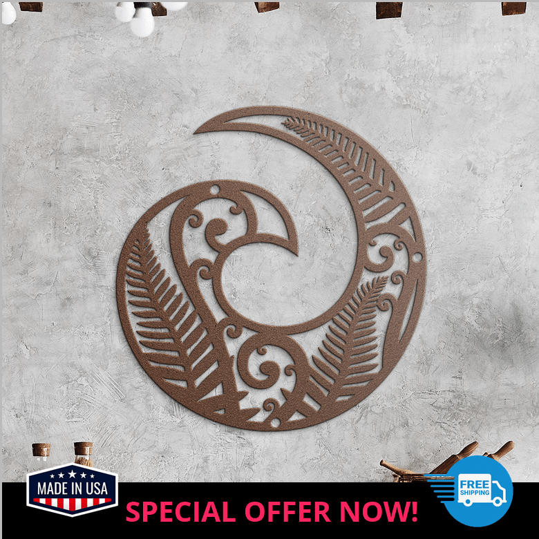 Rustic kitchen with copper Koru metal artwork on wood wall panel