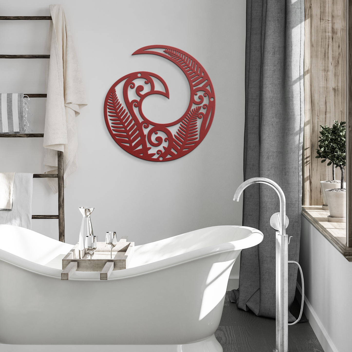 Red Koru spiral wall decor in modern bathroom with warm tones