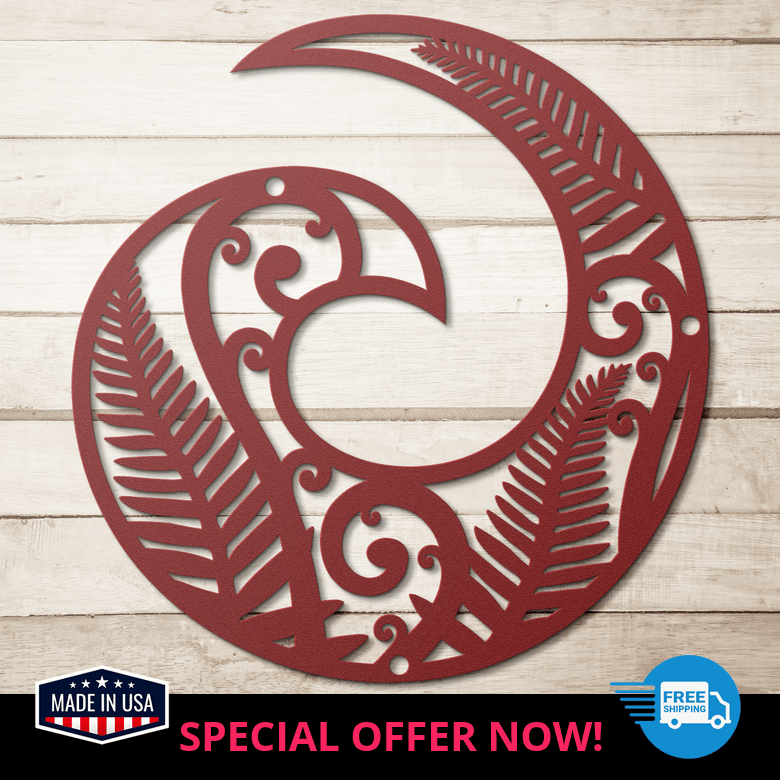 Red Koru metal art on minimalist wood panel background display