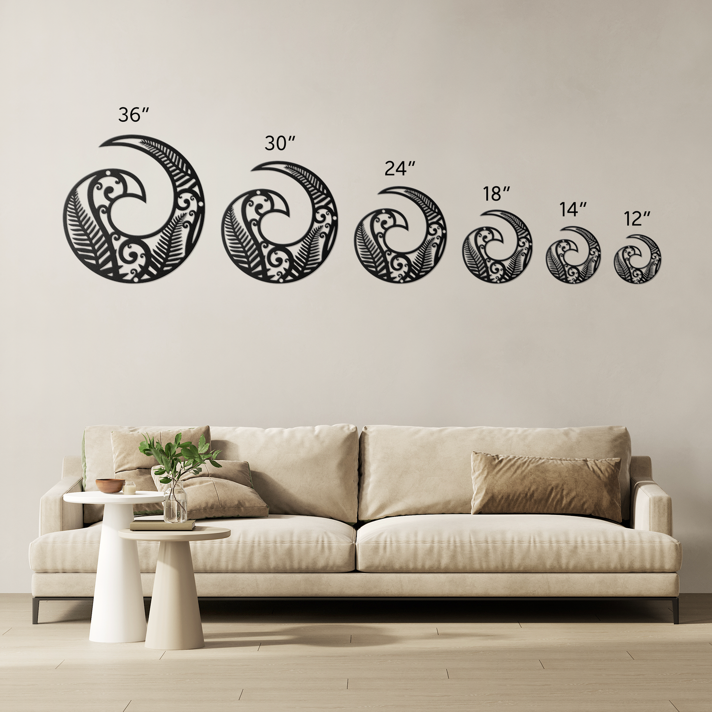 New Zealand Koru wall art shown in multiple size options for home display