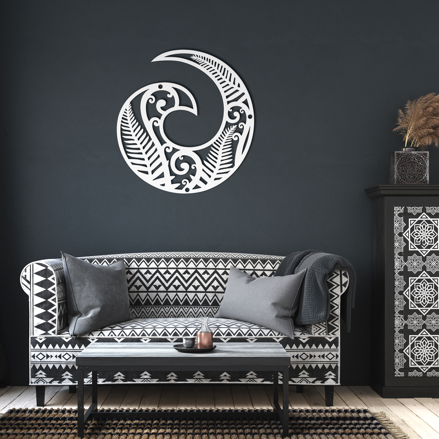 White Koru metal wall art in contemporary dark-toned living room