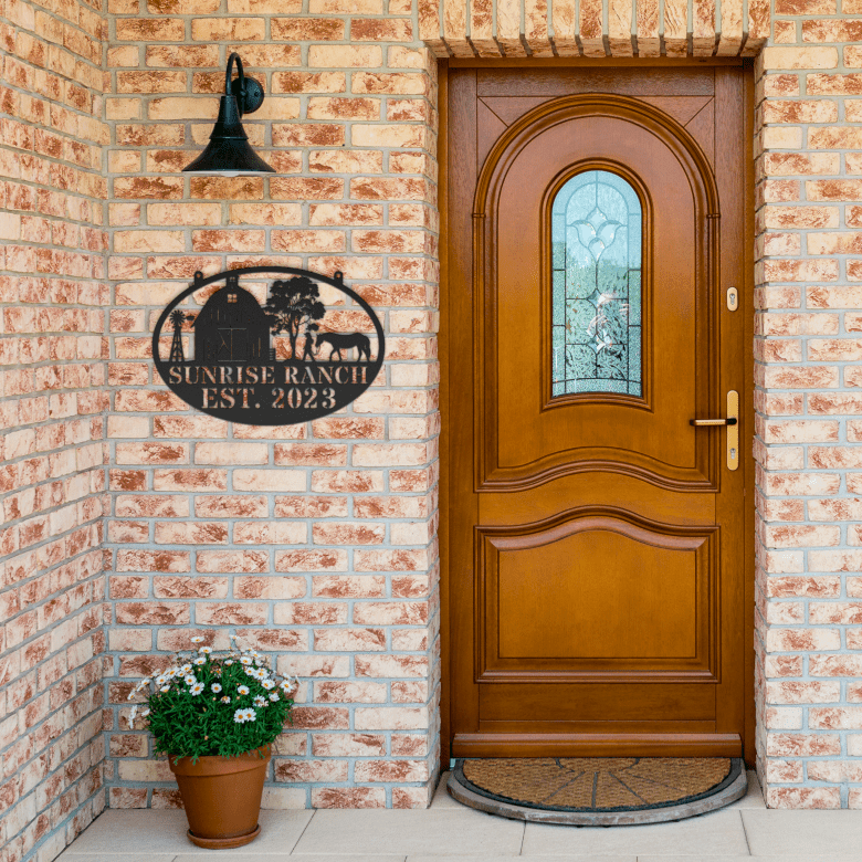 Personalized_Farmhouse_Metal_Sign_Black_Brick_Entrance_Mockup.png