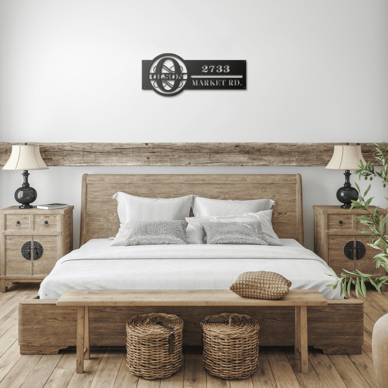 Black Personalized Metal Address Sign in Farmhouse Bedroom – Modern Rustic Custom Wall Art