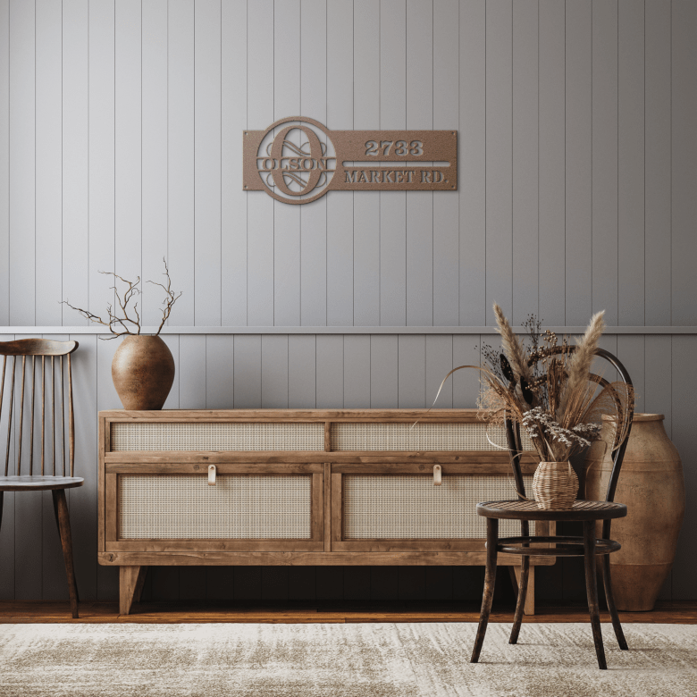 Copper Personalized Metal Address Sign in Rustic Hallway – Customizable Family Name and Address Sign