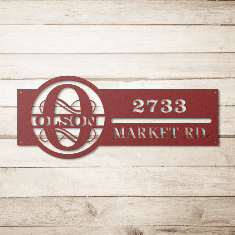 Red Personalized Metal Address Sign on Simple Wooden Background – Rustic Custom Address Plaque for Home