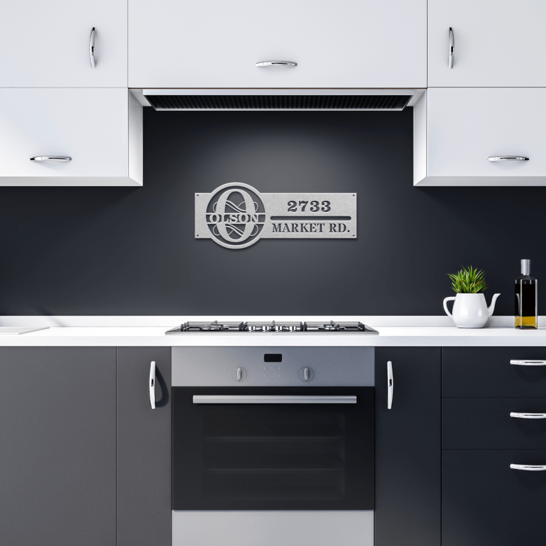 Silver Personalized Metal Address Sign in Dark Kitchen – Modern Custom House Numbers and Name Plaque