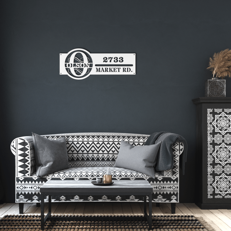 White Personalized Metal Address Sign in Dark Living Room – Elegant Custom Home Address Marker
