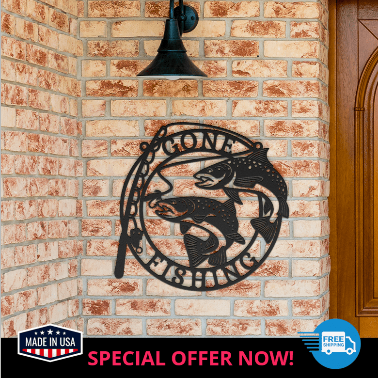 Custom River Spirits fishing wall art displayed on outdoor brick wall – perfect for man cave or lakehouse entry
