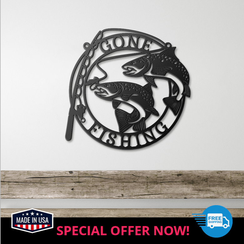 Rustic fishing decor featuring bass design wall art in cozy black farmhouse bedroom