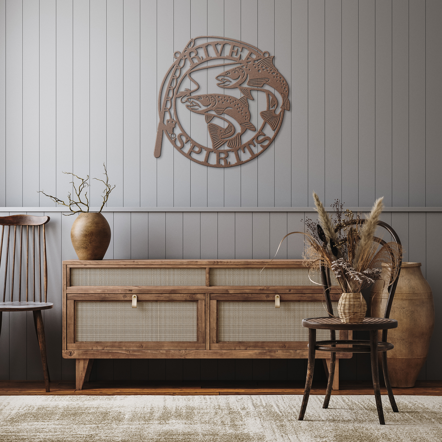 Copper River Spirits metal wall decor in hallway – personalized fishing sign for cabins and retreats