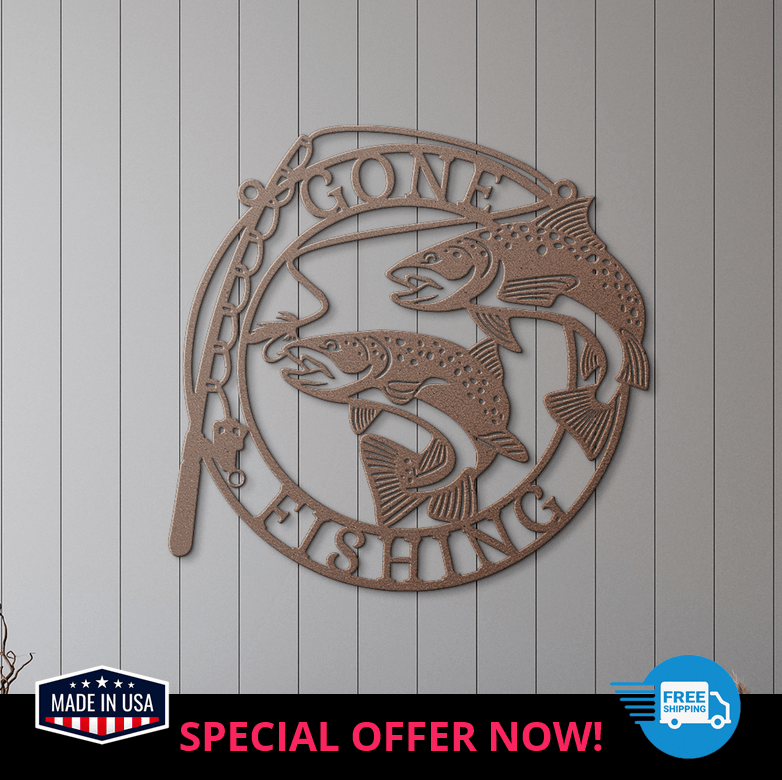 Rustic copper metal fish art displayed in hallway – personalized angler wall decor for nature lovers