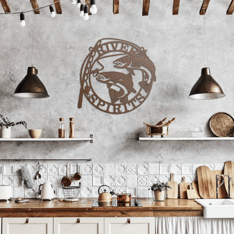 Copper finish fishing wall art above rustic kitchen counter – angler-inspired cabin kitchen decor