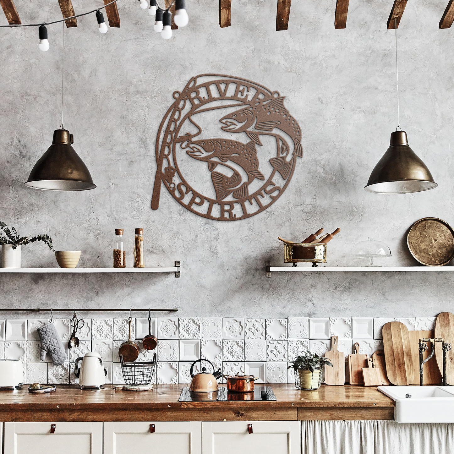 Copper finish fishing wall art above rustic kitchen counter – angler-inspired cabin kitchen decor