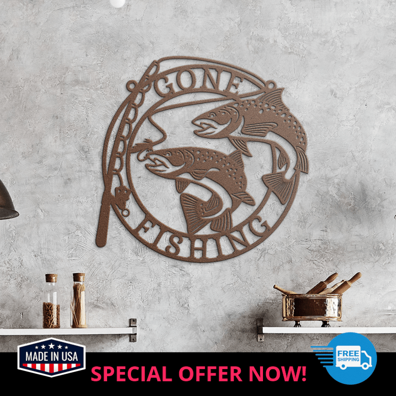 Custom fishing wall art with largemouth bass in copper finish – rustic metal art for fishing lodge kitchens