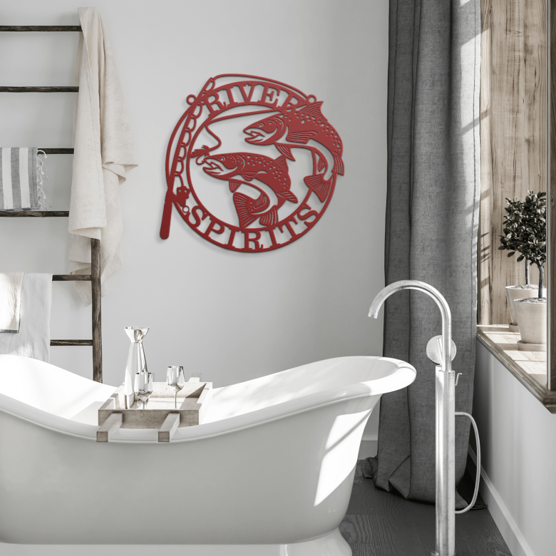 Bold red metal fishing wall art of largemouth bass displayed in modern bathroom – gift idea for fishing lovers
